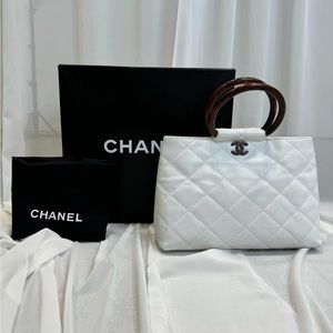 Chanel Wooden Top Handle Caviar White